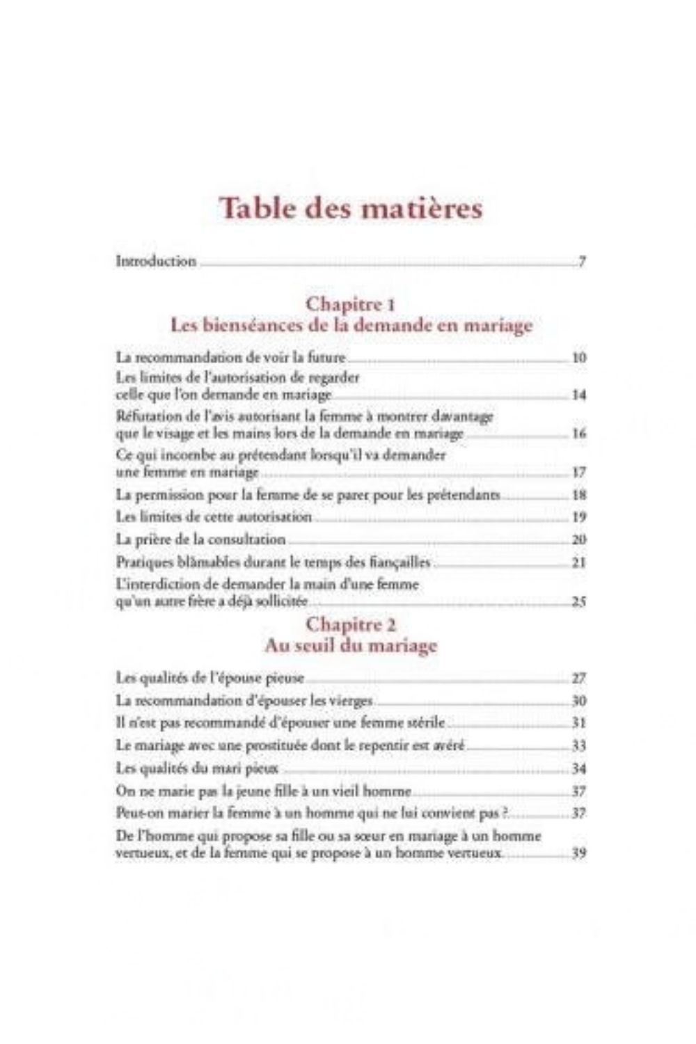 Table des matières du livre Les Règles du Mariage, édition Al Hadith – DineAddict