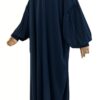 Abaya manches bouffantes fluide bleu nuit, coupe ample et manches plissées