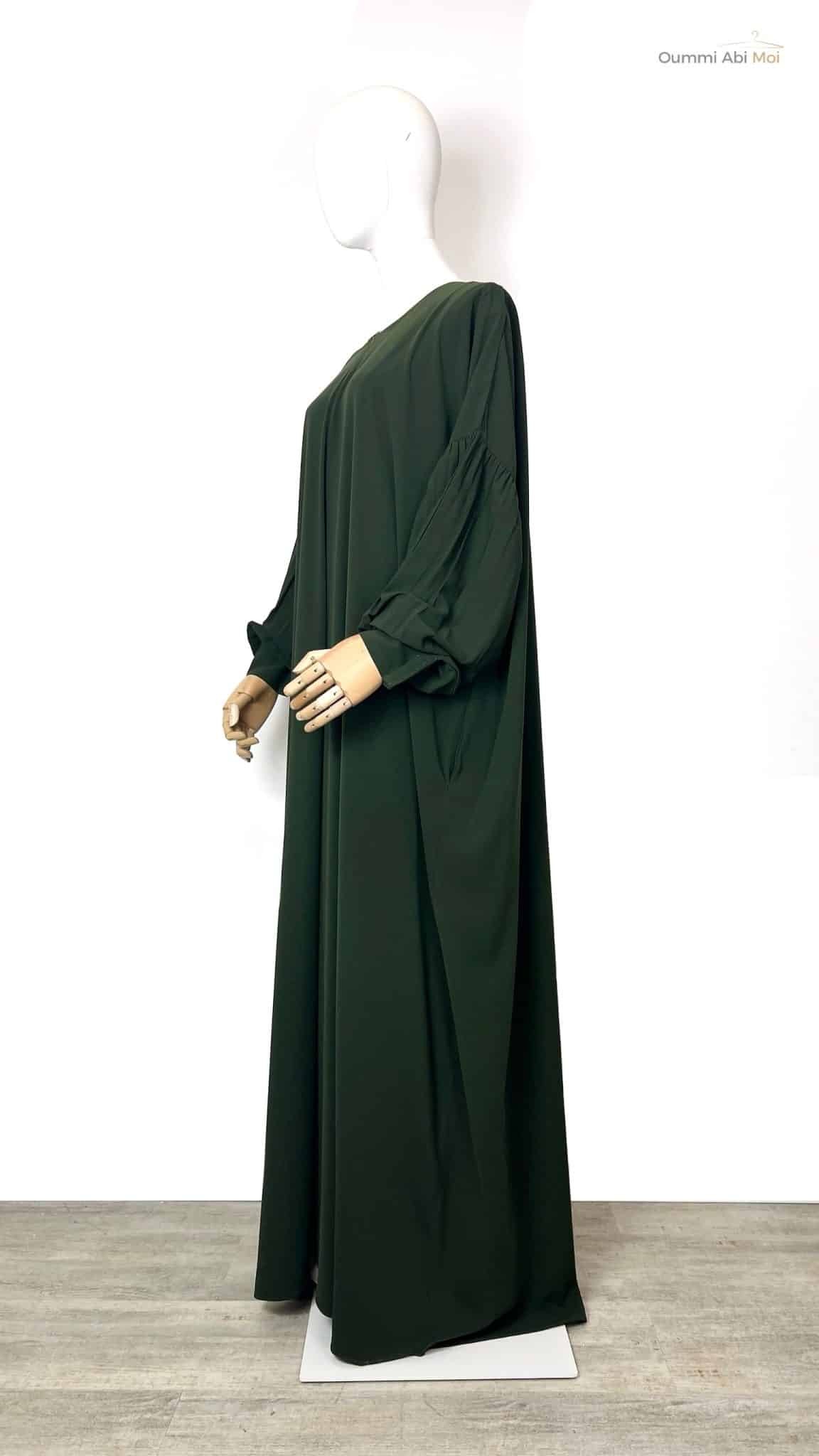Abaya manches bouffantes fluide kaki, coupe ample et manches plissées