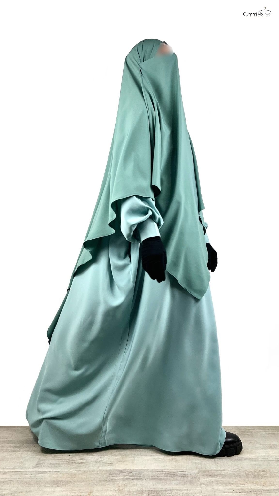 Abaya manches bouffantes fluide vert d'eau, coupe ample et manches plissées