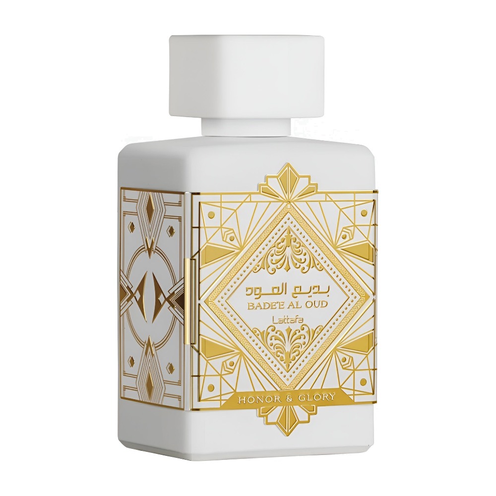 Flacon blanc et doré du parfum Badee Al Oud Honor & Glory de Lattafa, eau de parfum 100 ml