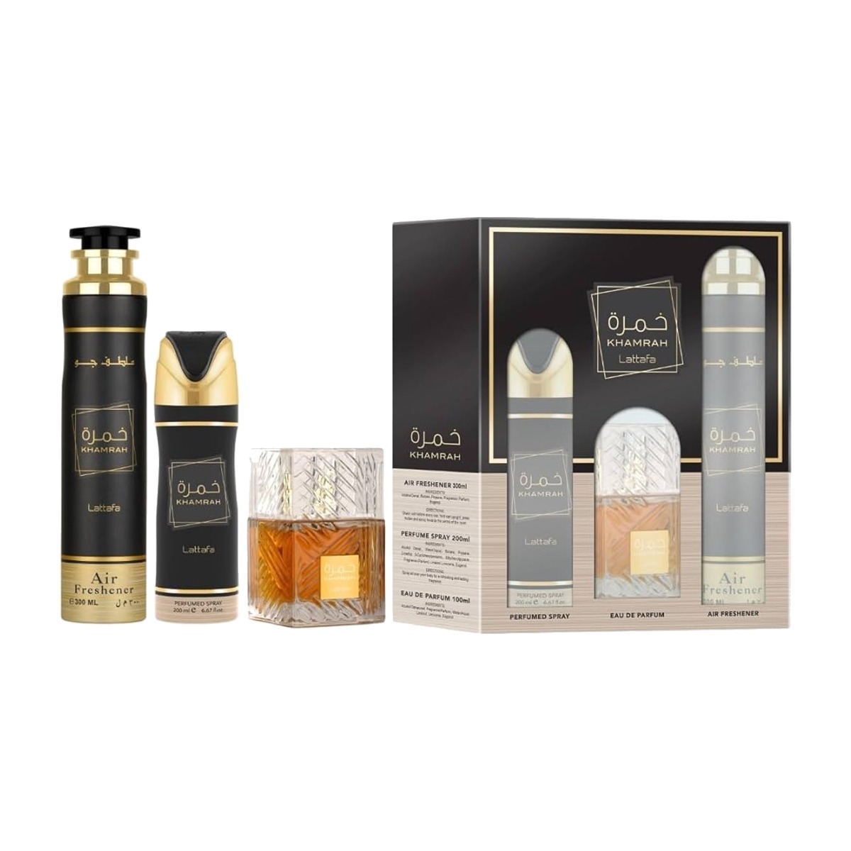 Coffret Khamrah de Lattafa avec eau de parfum, déodorant et désodorisant – DineAddict